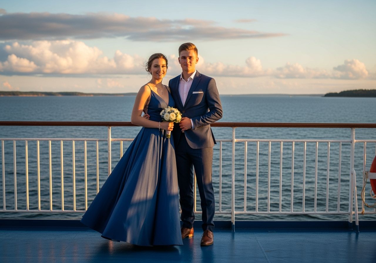 Młoda para w eleganckich strojach stoi na pokładzie promu na tle zachodzącego słońca nad Bałtykiem