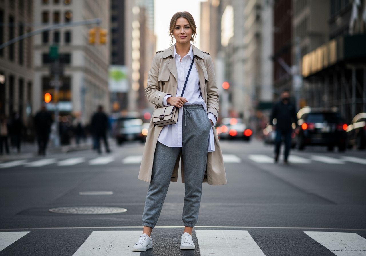 Kobieta na ulicy w szarych spodniach dresowych, białej koszuli, beżowym płaszczu i białych butach sportowych.