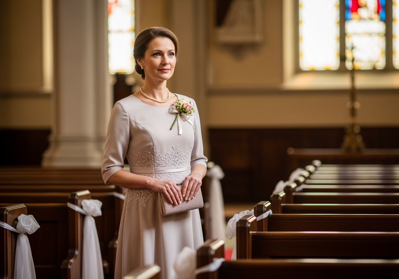 Elegancka kobieta w pastelowej sukience stoi w jasnym wnętrzu kościoła, trzymając kopertówkę.