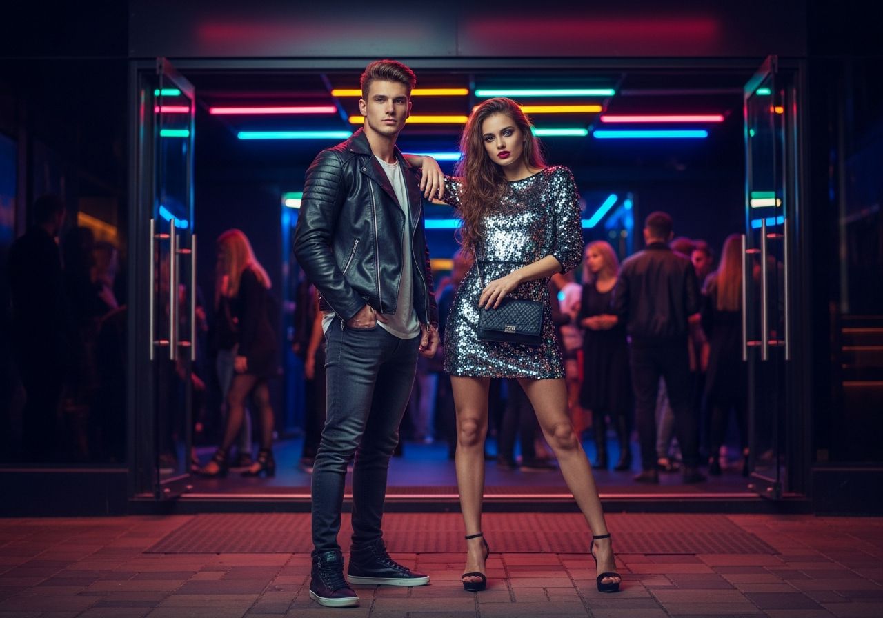 Młoda para pozująca przed klubem nocnym z neonami i tłumem modnych osób w tle.