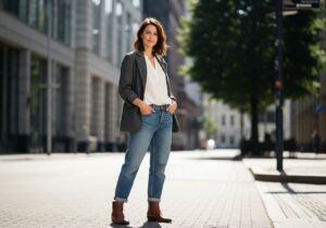 Młoda kobieta w jeansach boyfriend i białej koszuli stoi na ulicy w miejskim świetle dziennym.