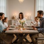 Rodzina ubrana elegancko siedzi przy stole podczas formalnego posiłku w przytulnej atmosferze.