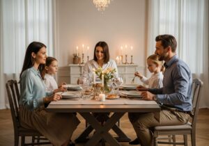 Rodzina ubrana elegancko siedzi przy stole podczas formalnego posiłku w przytulnej atmosferze.