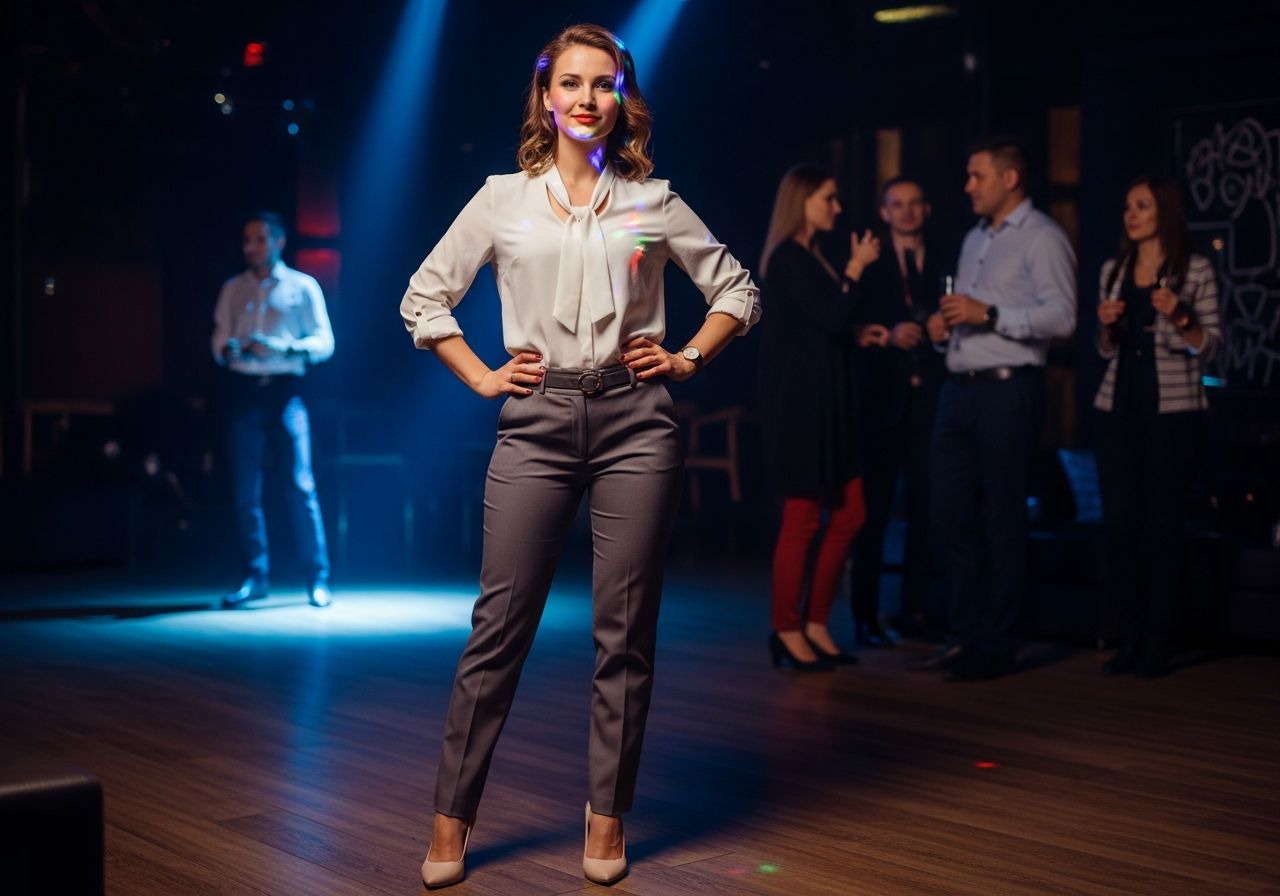 Stylowa kobieta w średnim wieku w modnym stroju stoi pewnie w miejskim klubowym otoczeniu nocnym.