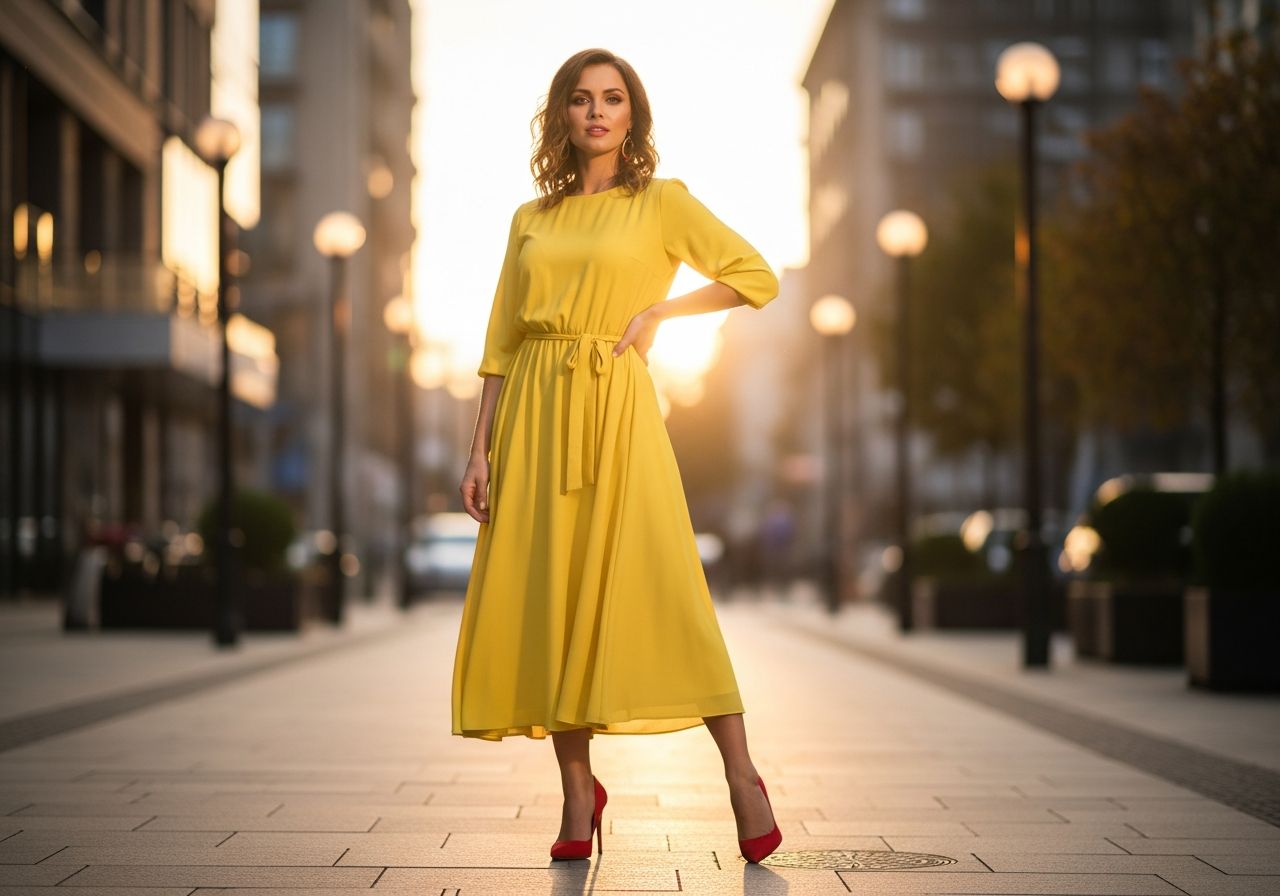 Kobieta w żółtej sukience i czerwonych szpilkach stoi na miejskiej ulicy o zachodzie słońca.