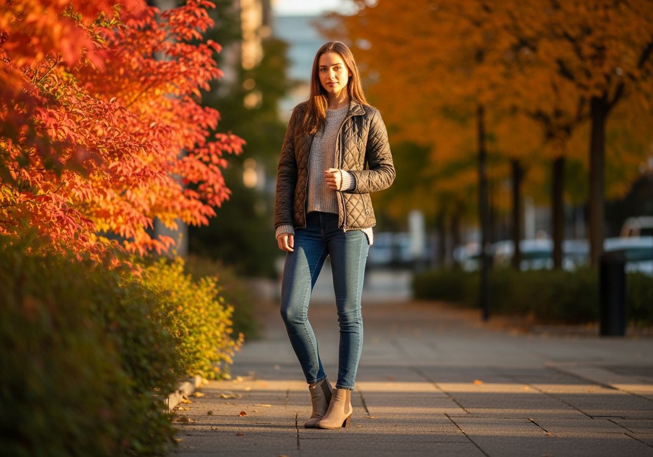 Młoda kobieta w jesiennej kurtce na ulicy miasta z rozmytym tłem i kolorowymi liśćmi.