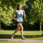 Młoda kobieta biegnie w lekkiej odzieży sportowej po parku w słoneczny dzień