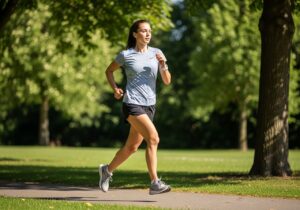 Młoda kobieta biegnie w lekkiej odzieży sportowej po parku w słoneczny dzień