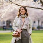 Kobieta w lekkim trenczu na tle wiosennego parku z kwitnącymi drzewami wiśniowymi.