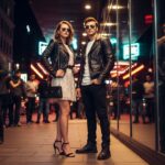 Młoda para w modnych klubowych strojach stoi przed nowoczesnym klubem nocą w świetle neonów.