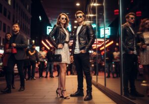 Młoda para w modnych klubowych strojach stoi przed nowoczesnym klubem nocą w świetle neonów.