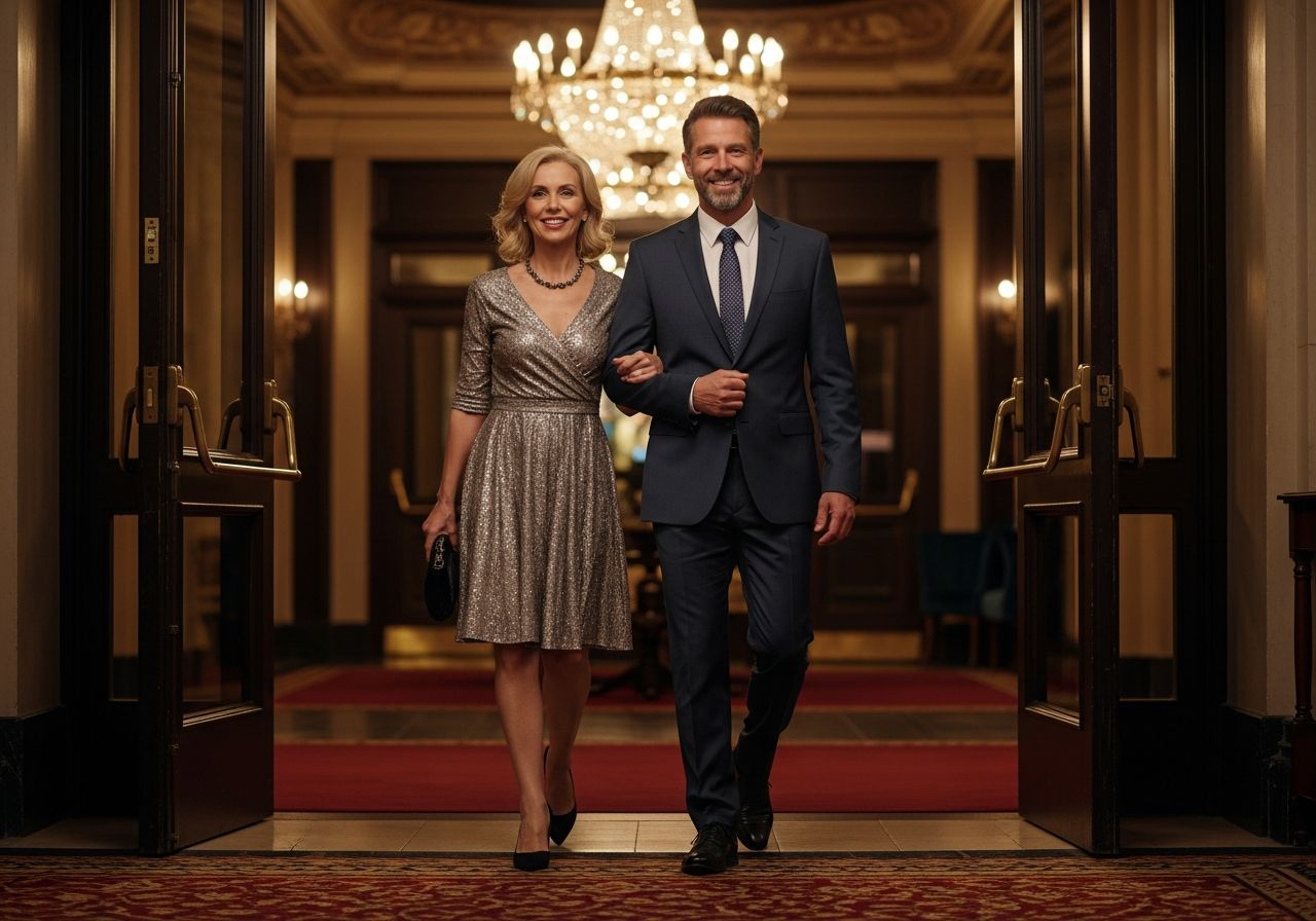 Elegancka para wchodząca do teatru, kobieta w sukience, mężczyzna w garniturze, na tle luksusowego wnętrza.