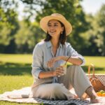 Młoda kobieta na koc picnicowym w parku pije lemoniadę, obok kosz z owocami, w słoneczny dzień.