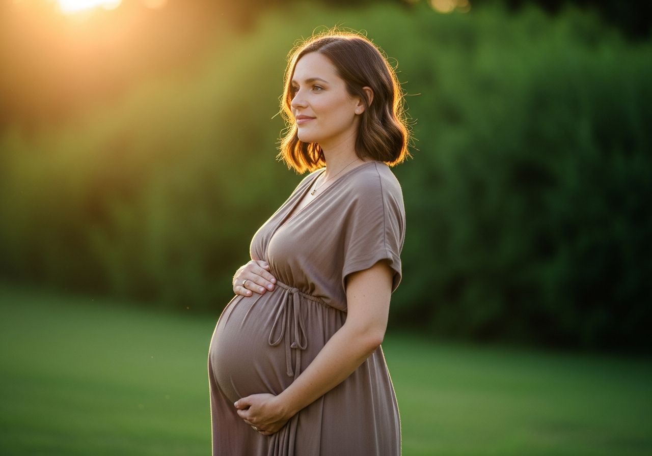Kobieta w ciąży w wygodnej sukience stojąca na zewnątrz przy ciepłym świetle, z zielonym tłem