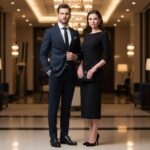 Elegancka para w luksusowym lobby przed galą biznesową, mężczyzna w garniturze, kobieta w wieczorowej sukni.