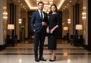 Elegancka para w luksusowym lobby przed galą biznesową, mężczyzna w garniturze, kobieta w wieczorowej sukni.