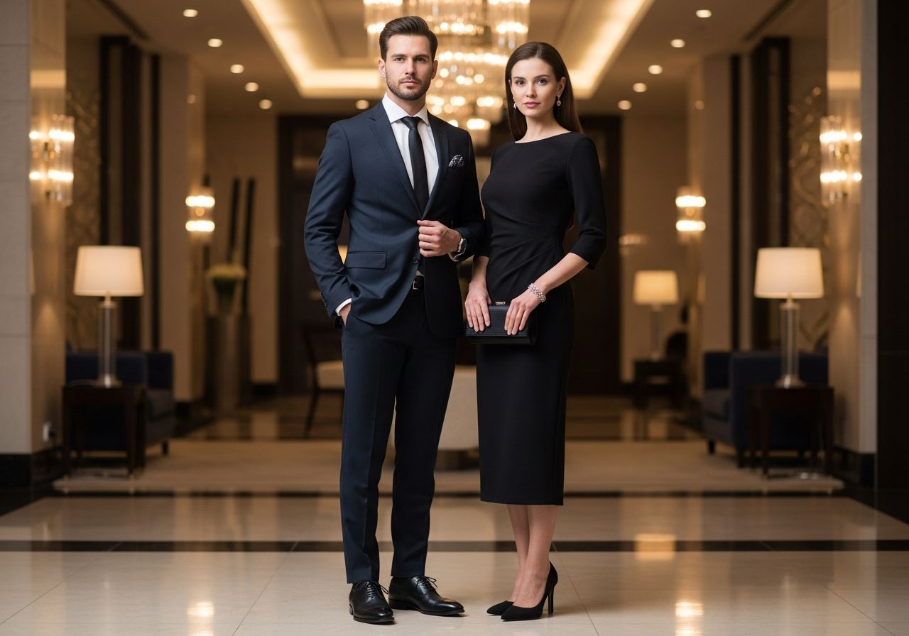 Elegancka para w luksusowym lobby przed galą biznesową, mężczyzna w garniturze, kobieta w wieczorowej sukni.