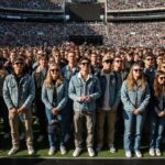 Grupa młodych osób na koncercie na stadionie, ubranych na luzie, w słoneczny dzień z plecakami i butelkami wody