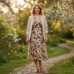 Elegancka kobieta około 50 lat w stylowej sukience i marynarce stoi w ogrodzie w miękkim świetle.