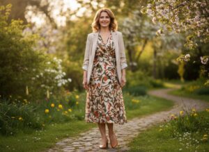 Elegancka kobieta około 50 lat w stylowej sukience i marynarce stoi w ogrodzie w miękkim świetle.