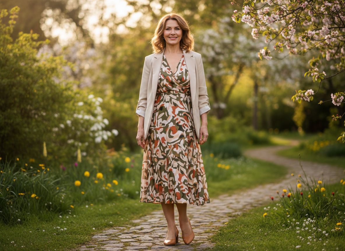 Elegancka kobieta około 50 lat w stylowej sukience i marynarce stoi w ogrodzie w miękkim świetle.